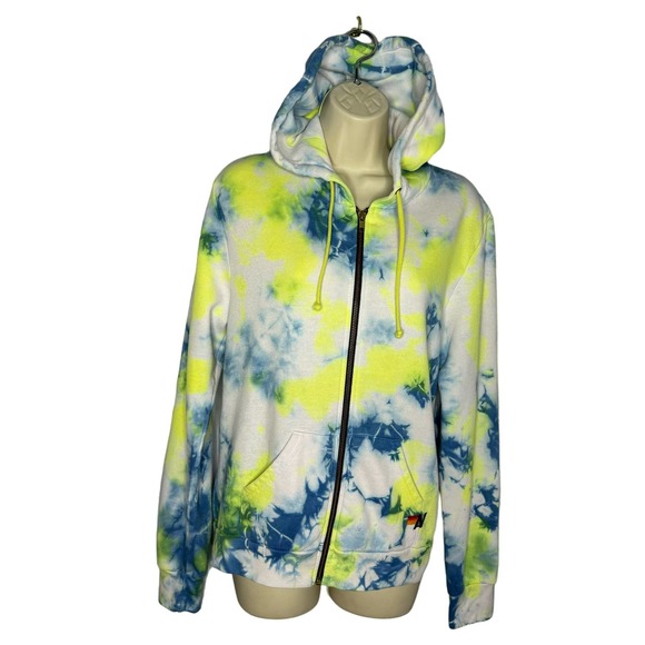 Aviator Nation Tops - Aviator Nation Tie Dye Zip Hoodie Neon Yellow Blue Cotton Women's Small